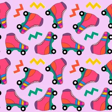 Seamless pattern with cute colorful retro roller skates Stock Illustration