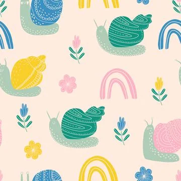Seamless pattern with cute colorful snails. Stockillustratie