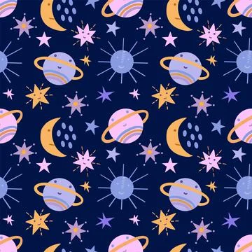 Seamless pattern with cute colorful space objects. Blue background, vector 스톡 일러스트