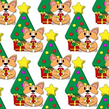 Seamless pattern with cute Corgi with Christmas Tree Stock Illustration