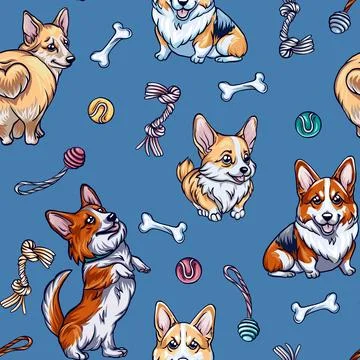 Seamless pattern of cute corgi dogs, and dog staff, pet dog accessories rea.. Stock Illustration