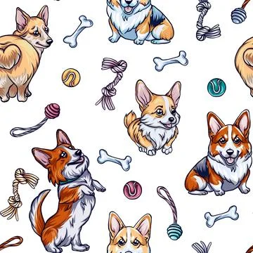 Seamless pattern of cute corgi dogs, and dog staff, on a white background i.. Illustrazione stock