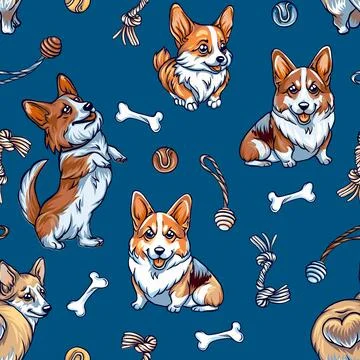 Seamless pattern of cute corgi dogs, and dog staff, pet dog accessories rea.. Stock Illustration