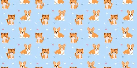 Seamless pattern cute corgi puppy and kitten on light blue background イラスト素材