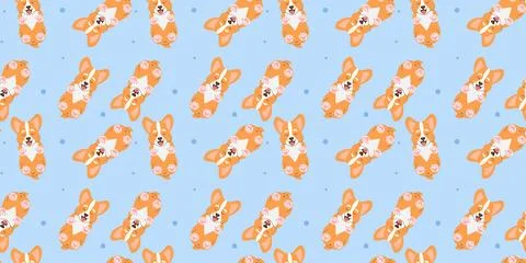 Seamless pattern cute corgi puppy sleeping on light blue background Stock Illustration