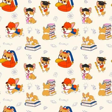 Seamless Pattern of Cute Corgis with School Supplies and Books Stock Illustration