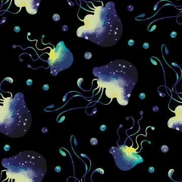Seamless pattern with cute cosmic jellyfishes Stock Illustration