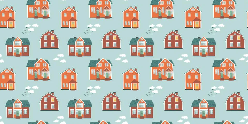 Seamless pattern with cute cottages. Hand drawn Scandinavian houses. Stock Illustration