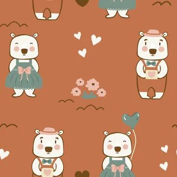 Seamless pattern of cute couple bears on brown nude background. Stock Illustration