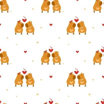 Seamless pattern. Cute couple in love capybara girl and boy with heart on white Stock Illustration