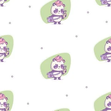Seamless Pattern Cute Courier Panda Kawaii Looking at Phone with GPS Locati.. Stock Illustration