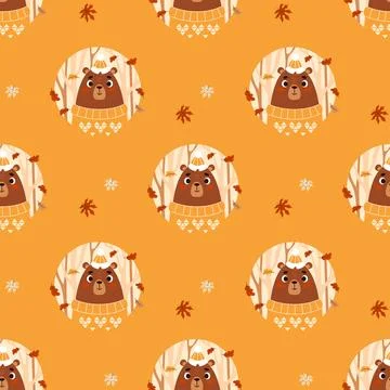 Seamless pattern with Cute Cozy Autumn Bear with Fall Leaves on yellow back.. Stock Illustration