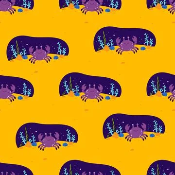 Seamless Pattern. Cute Crab and Sea algae, sandy seabed on yellow Backgroun.. 库存插图