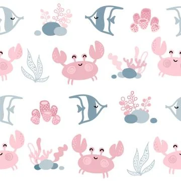 Seamless pattern with cute crabs and fish Stock Illustration