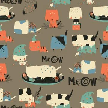 Seamless pattern with cute crazy cats and Christmas elements 库存插图