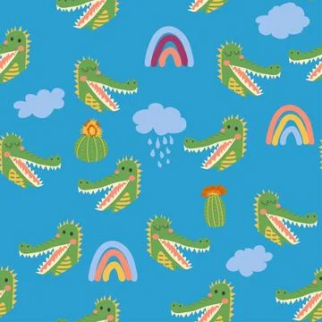 Seamless pattern with cute crocodile animal faces. Illustration in boho style イラスト素材
