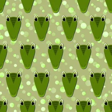 Seamless pattern with cute crocodile face on green polka dots background. Vector 스톡 일러스트