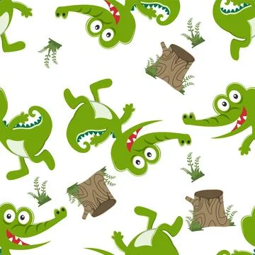 Seamless pattern of cute crocodile kid. Funny vector illustration. Stock Illustration