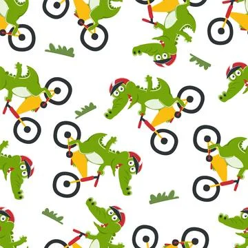 Seamless pattern of cute crocodile riding a scooter. Stock Illustration