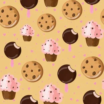 Seamless pattern with cute cupcakes, popsicle and cookies drawn in cartoon style Stock Illustration