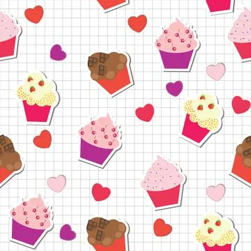 Seamless pattern with cute cupcakes. Raster version. 스톡 일러스트
