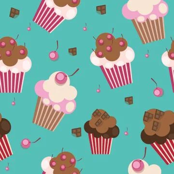 Seamless Pattern with Cute Cupcakes, Vector Illustration 스톡 일러스트