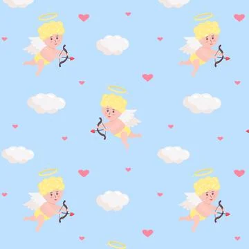 Seamless pattern with cute cupid baby, clouds and hearts on blue background. イラスト素材