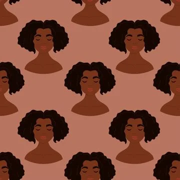 Seamless pattern with Cute curly African American woman on brown background.. イラスト素材