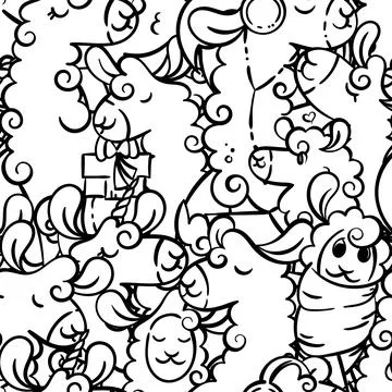 Seamless pattern with cute, curly llamas and alpacas. Illustration for colori Stock Illustration