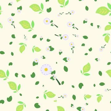 Seamless pattern with cute daisies and green leaves on a light background 스톡 일러스트