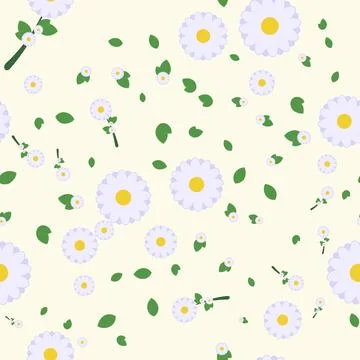 Seamless pattern with cute daisies and green leaves on cream background Stock Illustration