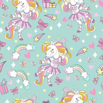 Seamless pattern with cute dancing unicorn ballerina green 스톡 일러스트