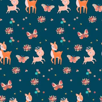 Seamless pattern with cute deer and flowers Stock Illustration