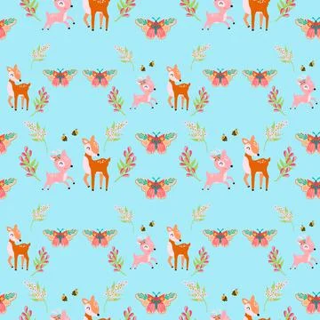 Seamless pattern with cute deer and flowers Stock Illustration