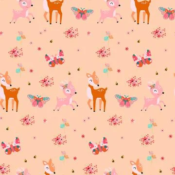 Seamless pattern with cute deer and flowers Stock Illustration