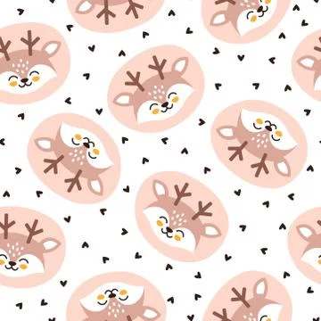 Seamless pattern with cute deer heads and hearts Stock Illustration
