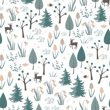 Seamless pattern with cute deer in the spring forest. Vector illustration Stock Illustration