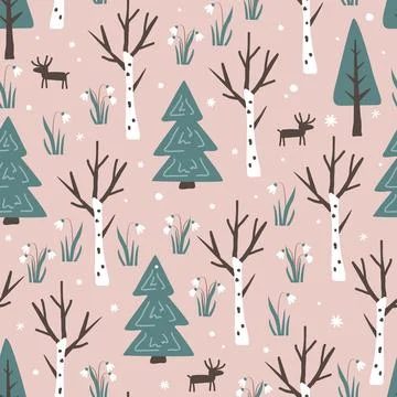 Seamless pattern with cute deer in the spring snowdrops forest. Background .. Illustrazione stock