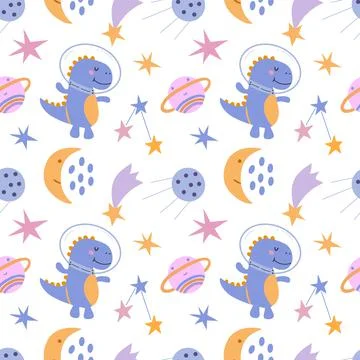 Seamless pattern with cute dinosaur in cosmos. White background, vector graphics Stock Illustration