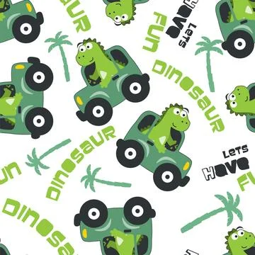 Seamless pattern of cute dinosaur driving a car go to forest 스톡 일러스트