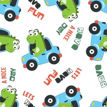 Seamless pattern of cute dinosaur driving a car go to forest 스톡 일러스트