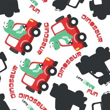Seamless pattern of cute dinosaur driving a car go to forest イラスト素材