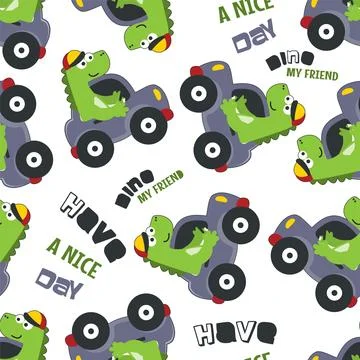 Seamless pattern of cute dinosaur driving a car go to forest Stock Illustration