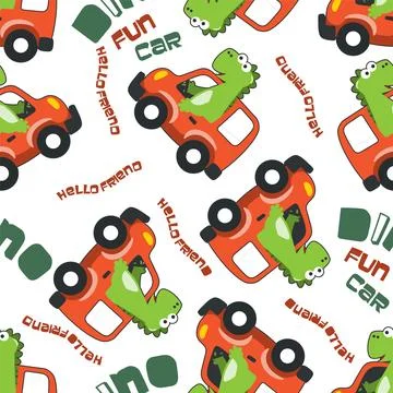 Seamless pattern of cute dinosaur driving a car go to forest イラスト素材