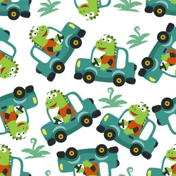 Seamless pattern of cute dinosaur driving a car go to forest funny animal 스톡 일러스트