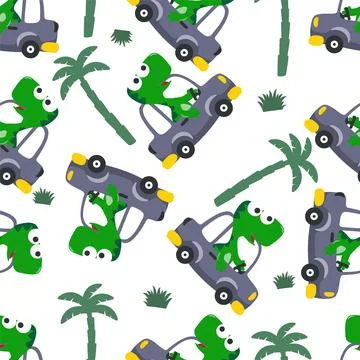 Seamless pattern of cute dinosaur driving a car go to forest funny animal 스톡 일러스트