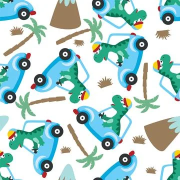 Seamless pattern of cute dinosaur driving a car go to forest funny animal Stock Illustration