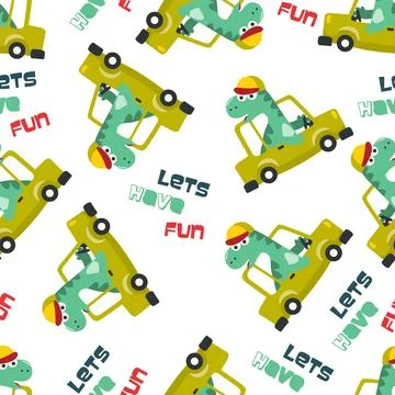 Seamless pattern of cute dinosaur driving a car go to forest funny animal Stock Illustration