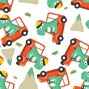 Seamless pattern of cute dinosaur driving a car go to forest funny animal Stockillustratie