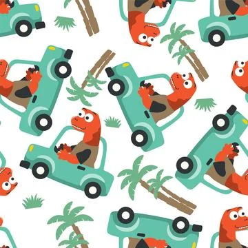 Seamless pattern of cute dinosaur driving a car go to forest funny animal Stockillustratie